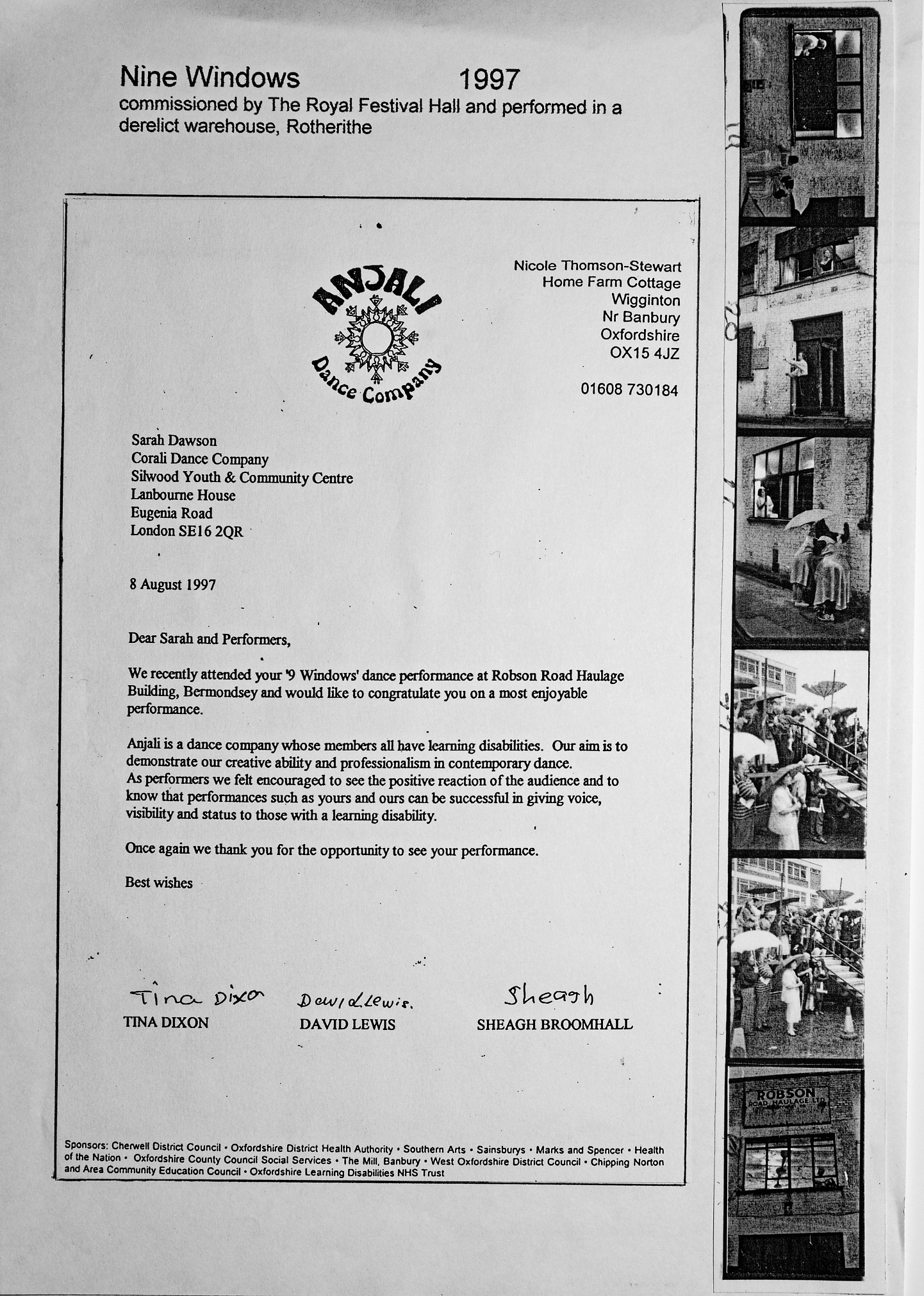Thank you letter from Anjali dance company for 9 Windows 1997